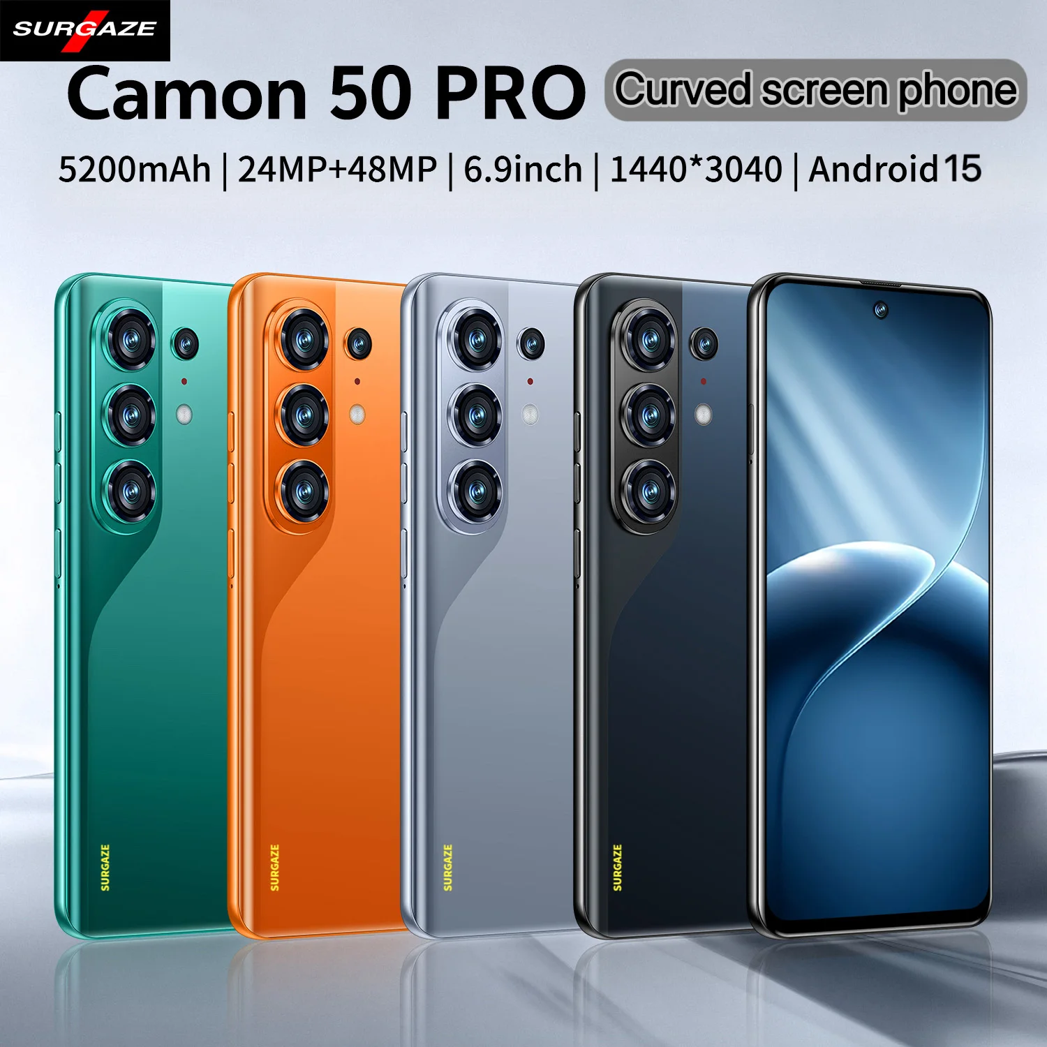 هاتف SURGAZE 2026 Camon 50 Pro الذكي بشاشة منحنية، يدعم 5G، نظام أندرويد 15، بطارية 5200 مللي أمبير، ذاكرة 12+512 جيجابايت، شريحتين، إصدار عالمي