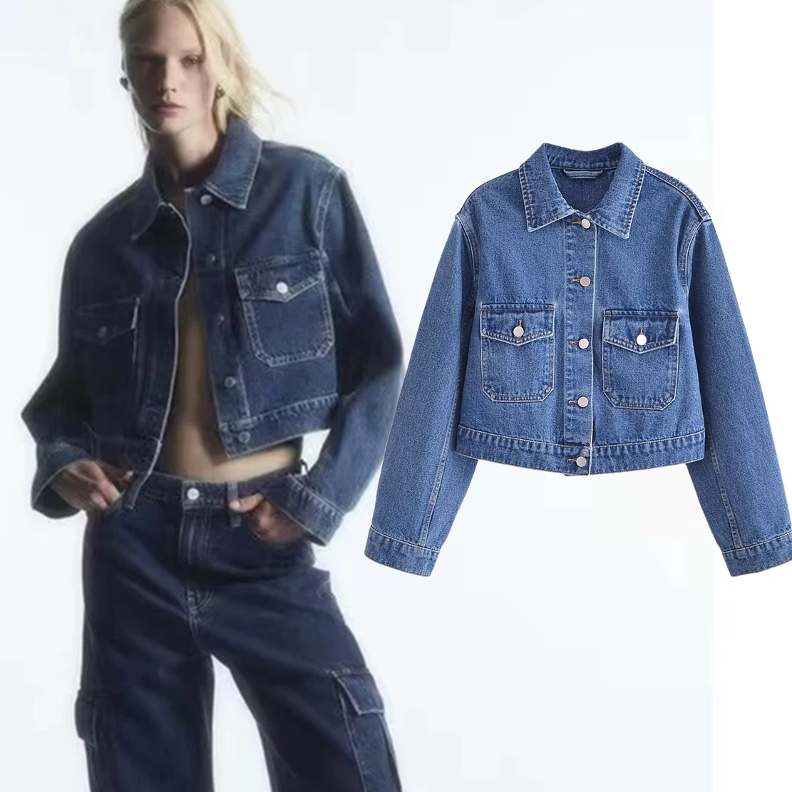 

Dave&Di British Fashion High Street Casual Jacket Vintage Denim Pleated Wash Bomber Denim Coat Women