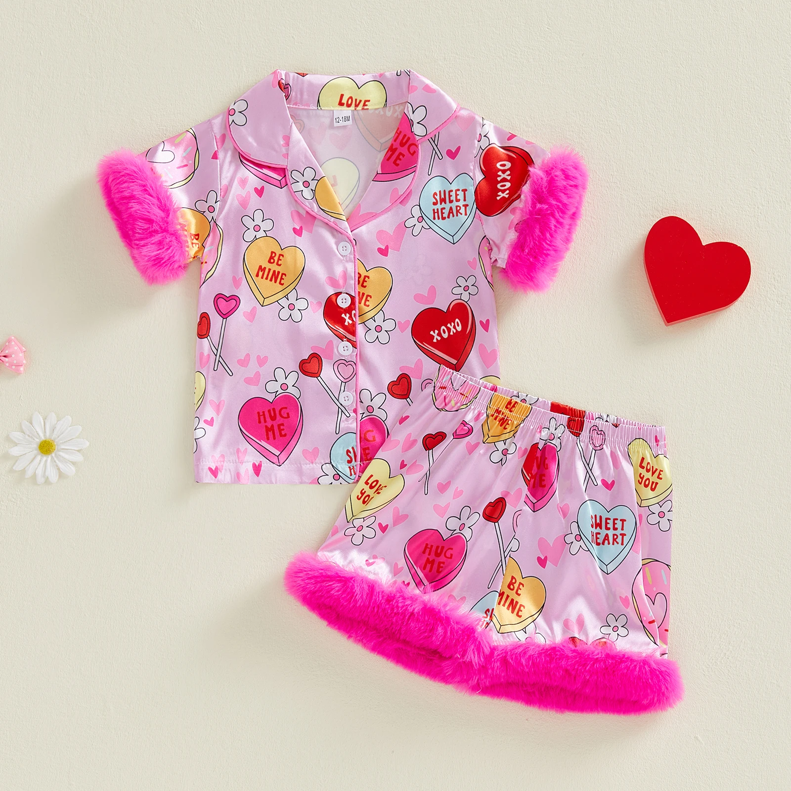 Adorable Toddler Girls Valentine s Day Pajama Set Featuring Cute Heart Print Stylish Lapel V-Neck and Cozy Shorts for a