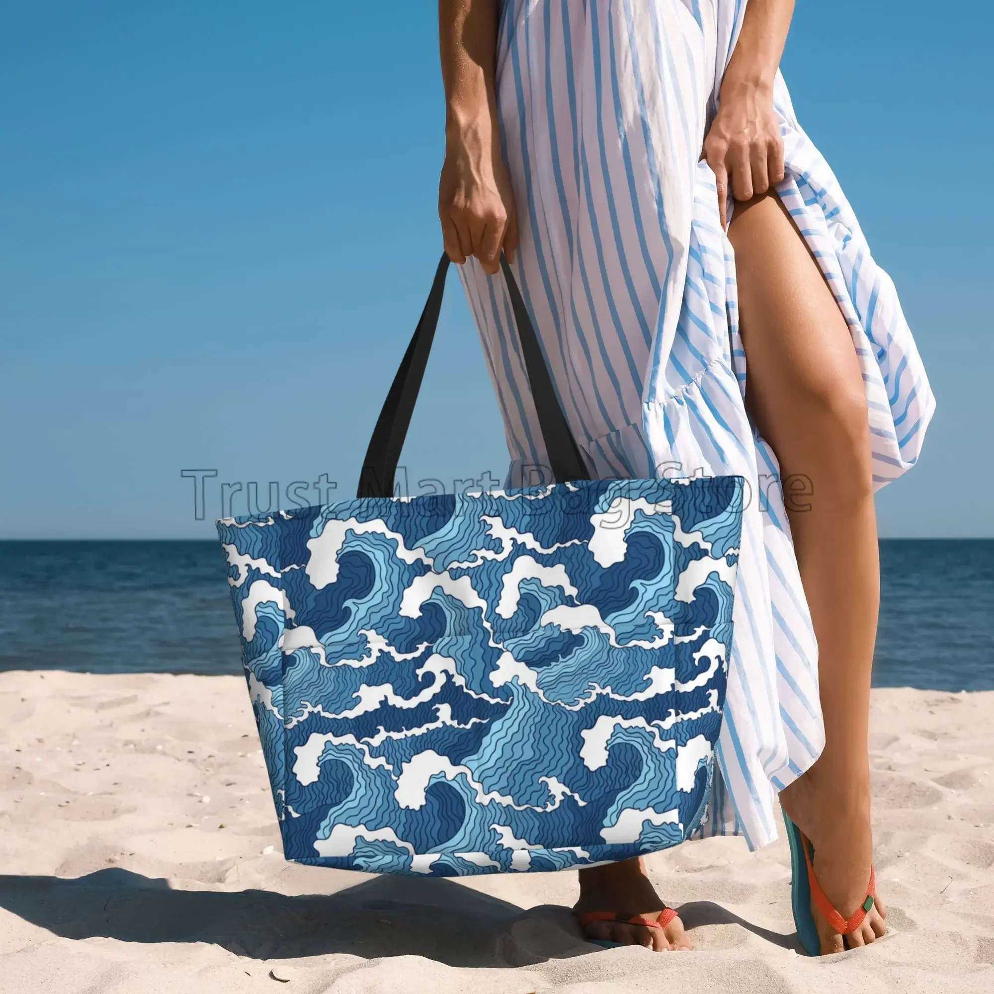 Sea Wave Beach Tote Bags for Women Waterproof Sandproof Large Pool Bag Stylish Zipper Beach Tote for Gym Travel Shopping School