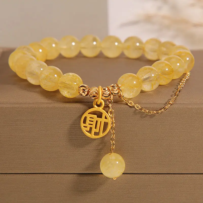 

Natural Stone Citrine Bracelet Women's Ins High-end Gift for Students Girlfriend Gold Plated "㊖" Word Charms Get Rich HandString