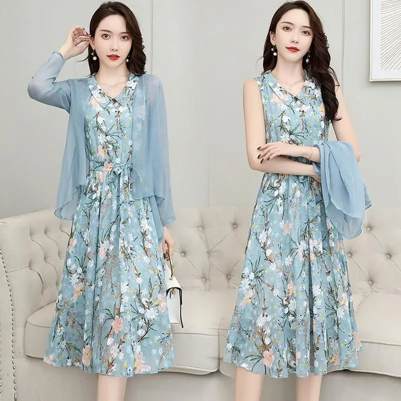 

Chiffon Cover The Stomach Korean Version of The Summer Women's 2022 New Temperament Celebrity/lady Tide Long Suit Dress