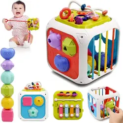 Baby Activity Cube Montessori Sensory Toy Shape Sorter for Children 1 2 Years Pull String Montessori Educational Toys Busy Board