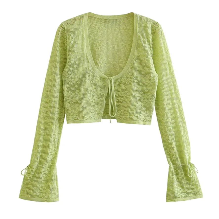 

Maxdutti French Lace Knitted Textured Women Jacket Cardigan Fashion Elegant Light Green Ladies Sexy Crop Top