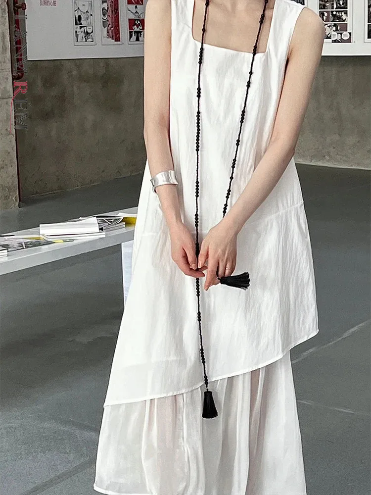 

LANMREM Sleeveless Organza Patchwork Fishtail Dress Square Collar Solid Color Stitching Summer Korean Casual Clothes 2DA6601