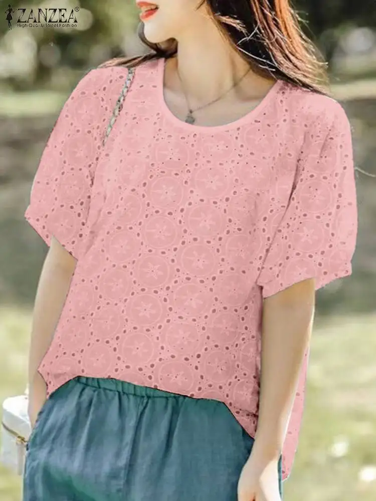 

ZANZEA 2023 Summer Casual Cotton Shirts Women Embroidery Holiday Blouse Fashion Round Neck Tops Tunic Chic Short Sleeve Blusas