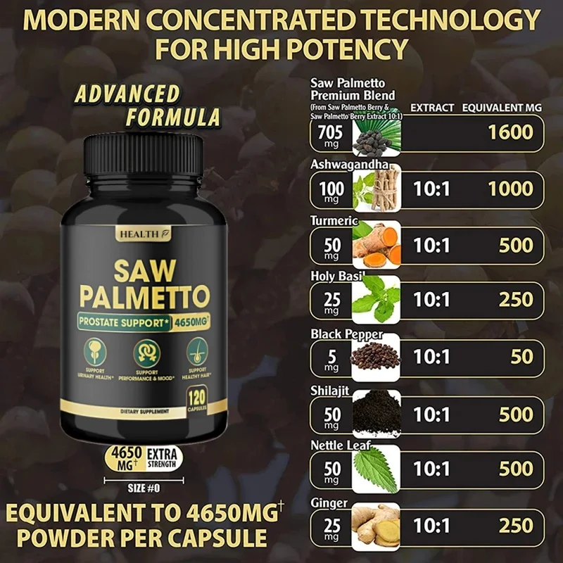 Natural Saw Palmetto Capsules Combined with Ashwagandha Turmeric Tribulus Maca Green Tea Ginger Natural Prostate Support
