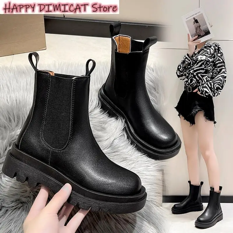 Women Winter Shoes PU Leather Chelsea Boots Chunky Boots Plush Ankle Boots Black Female Autumn Fashion Platform Booties