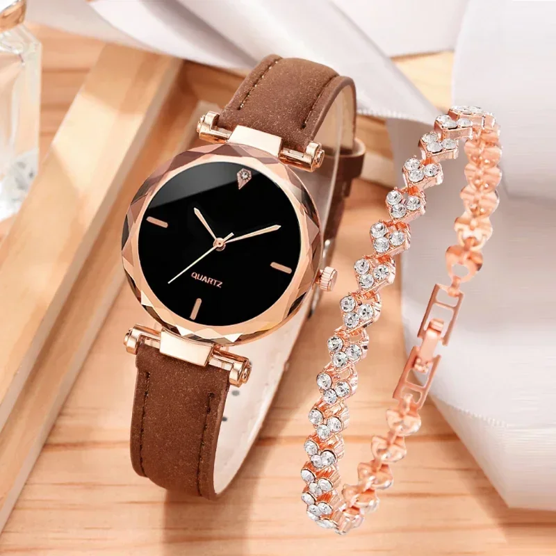 2PCS Set Watch For Women Luxury Leather Analog Ladies Quartz Wrist Watch Fashion Bracelet Set Female Relogio Feminino