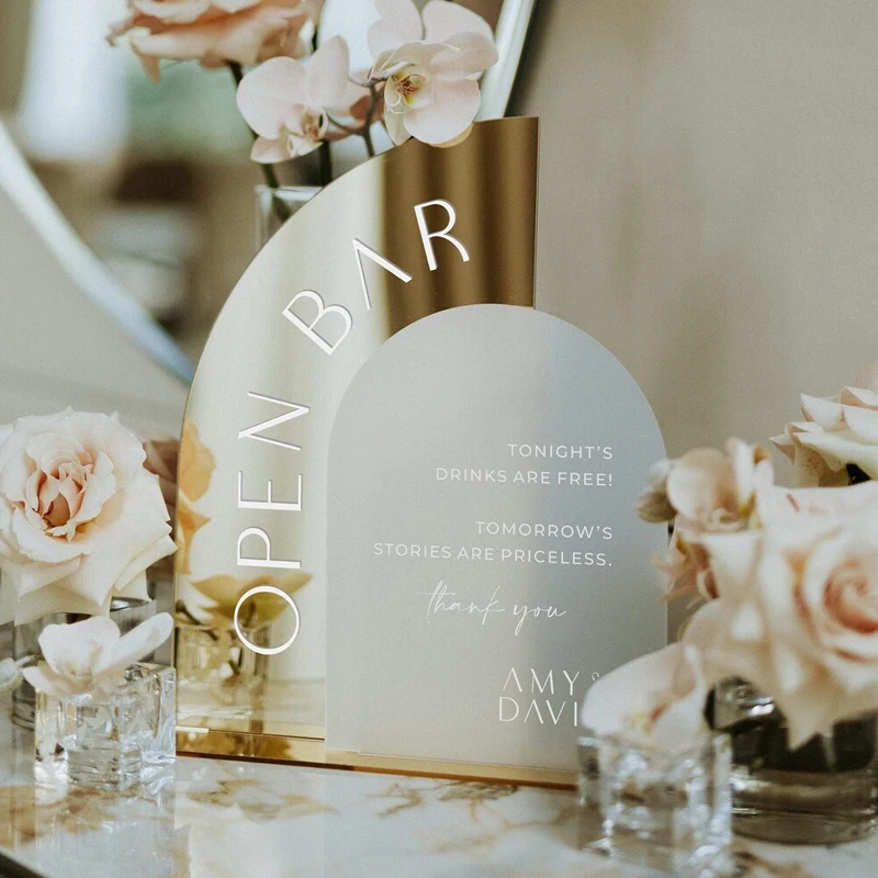 Frosted Arched Gold Mirror Acrylic Bar Sign,Wedding Open Bar Sign,Wedding Table Decoration,Welcome Sign with bases,Gold Mirror