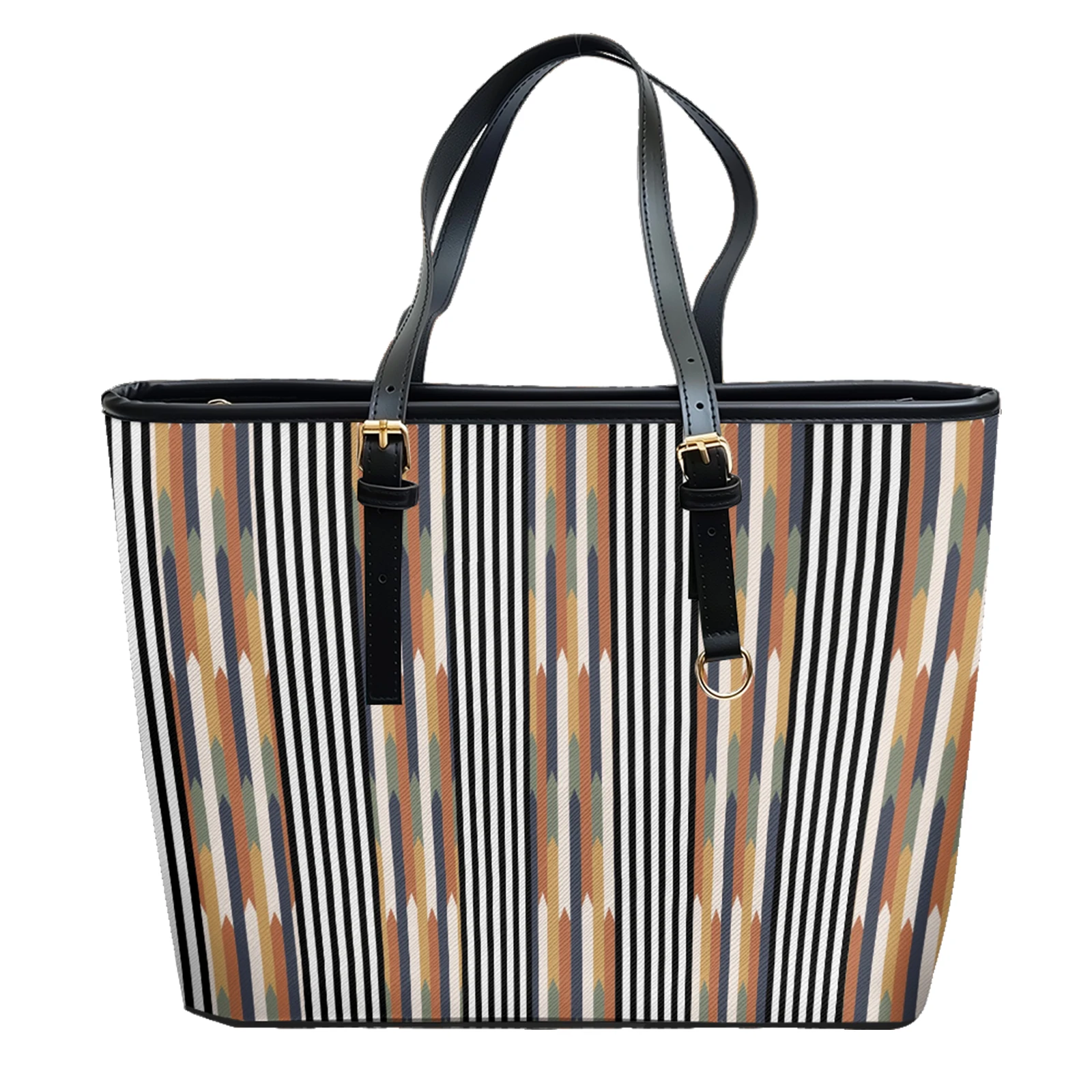 Multicolor Geometric Stripe Printed Oxford PVC Leather Shoulder Bag Zipper Lightweight Tote Daily Convertible Work Weekend Purse