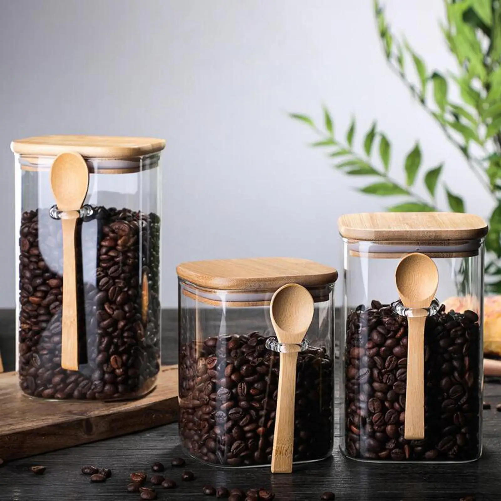 800-1200ml-Square-Glass-Coffee-Sealed-Storage-Jar-with-Wooden-Spoon ...