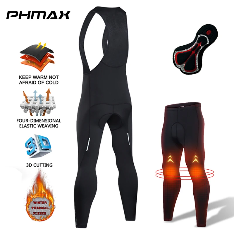 

PHMAX Man Fleece Cycling Bib Pants Winter Reflective Zipper Strip Thermal Mountain Bike Bicycle Tights 5D Spong Pad Trousers