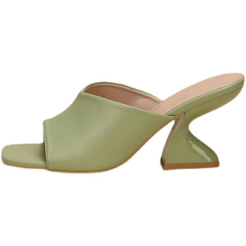 Fashion Solid PU Slip-On Leisure Slipper Strange Heels Square Open Toe Women Mules Outdoor Sandals Size 35-42 Summer New