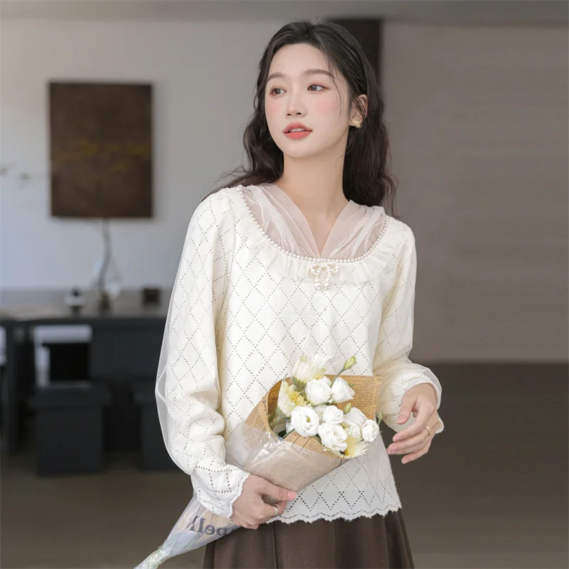 Autumn New Arrival Women Blouse Lace V-neck Long Sleeve Solid Color Office Lady Tops French Style Casual Chiffon Shirts Feamle 2023 autumn new arrival women clothing lady graceful black pearl shirts flare pants 1 or two piece set tops trousers outfits