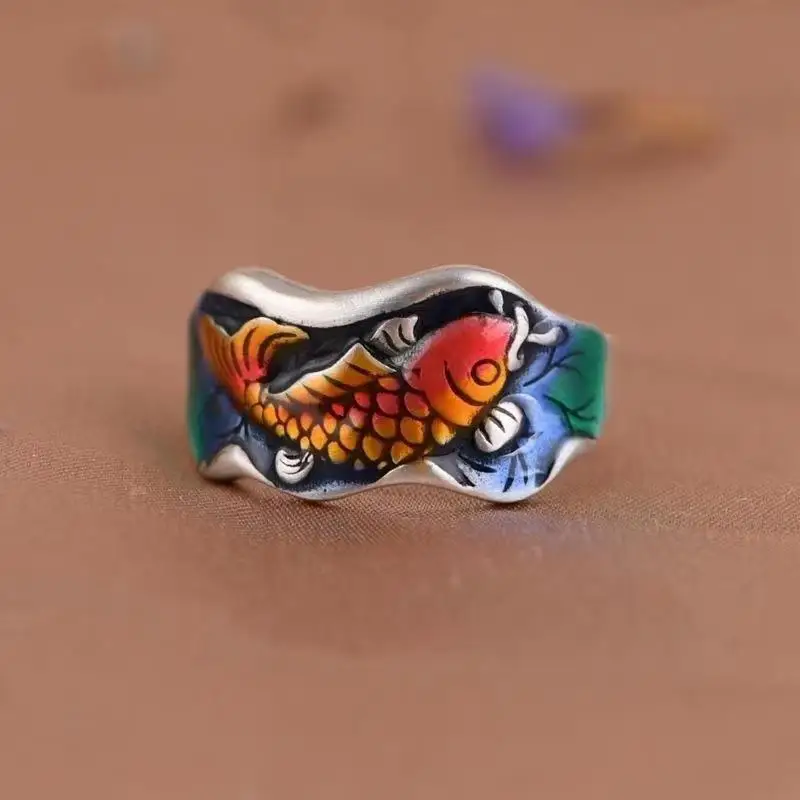 

Golden Carp Ring Art Colorful Carp Six Character Truth Opening Ring Index Finger Fashion Personality Female