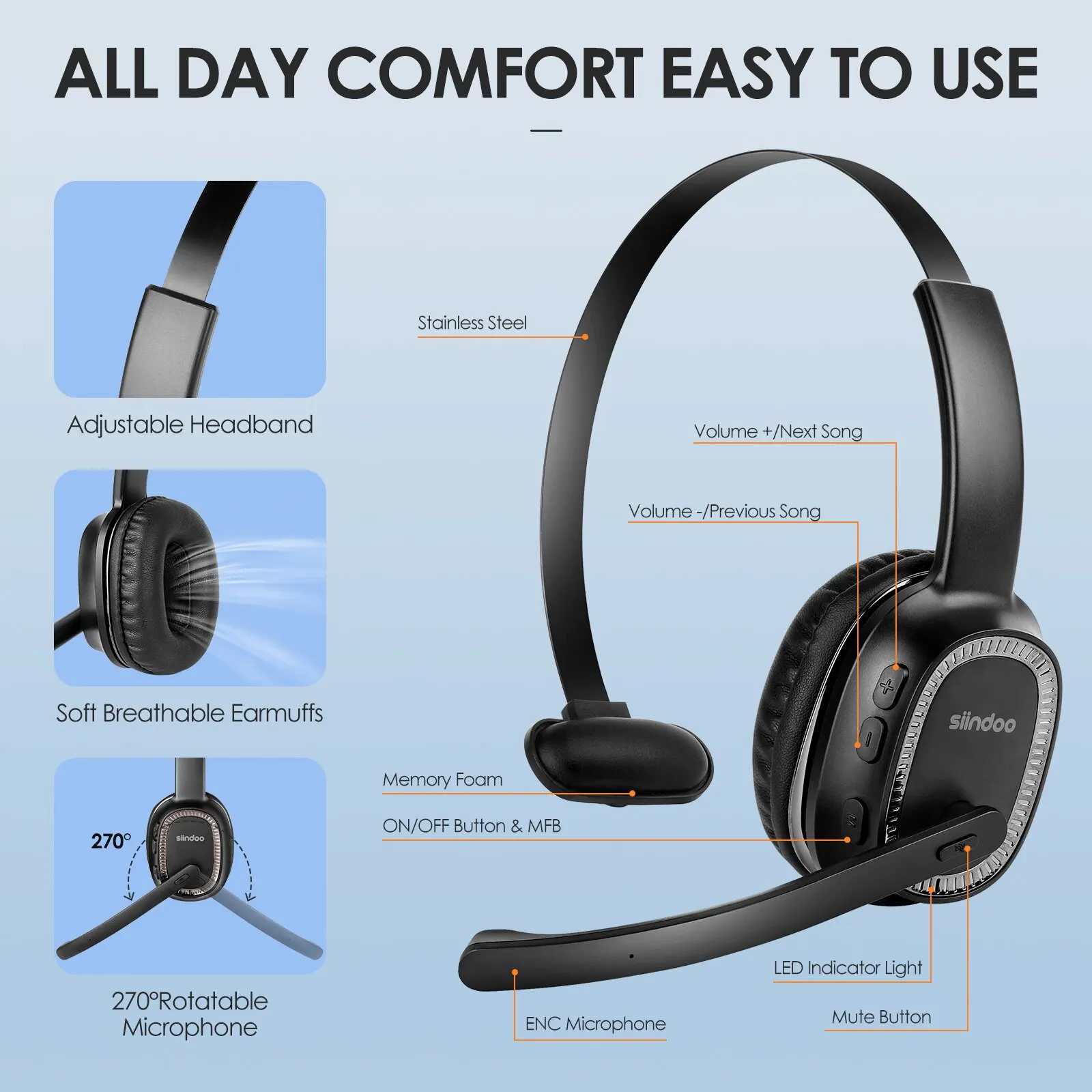 Siindoo JH-101 Call Center Headset with Mic Noise Cancelling Headphones for Telephone Counselling Services, Insurance, Hospitals 3