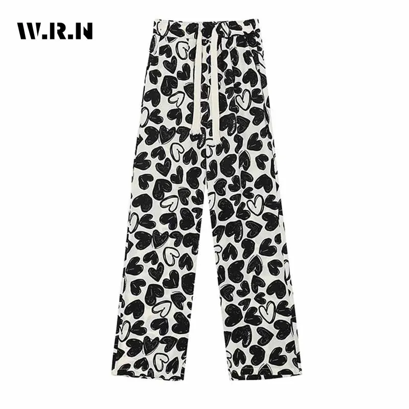 

2023 Summer Casual Heart Print High Waist Wide Leg Pants Ameircan Retro Women's Fashion Loose Soft Full Length Trousers