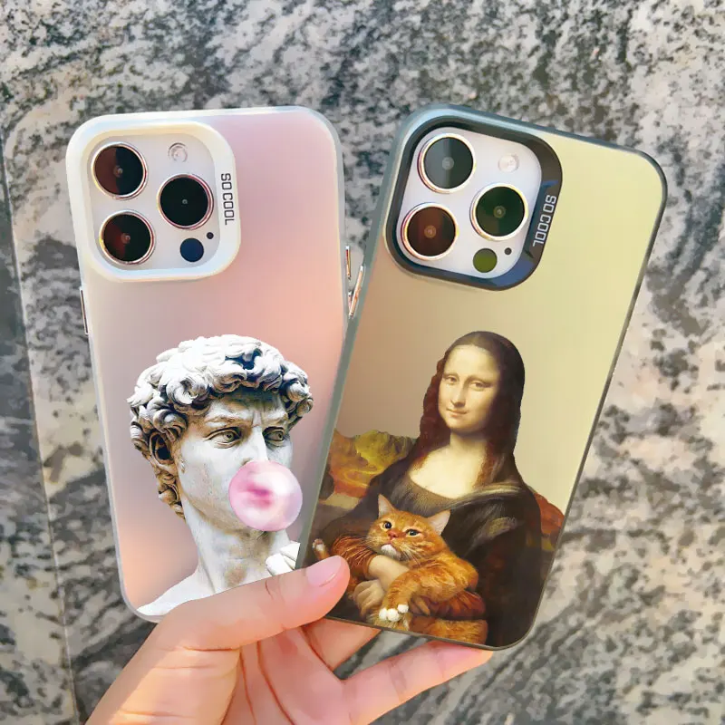Artistic Aesthetic Phone Case - Shockproof Matte Laser Cover with David and Mona Lisa Design