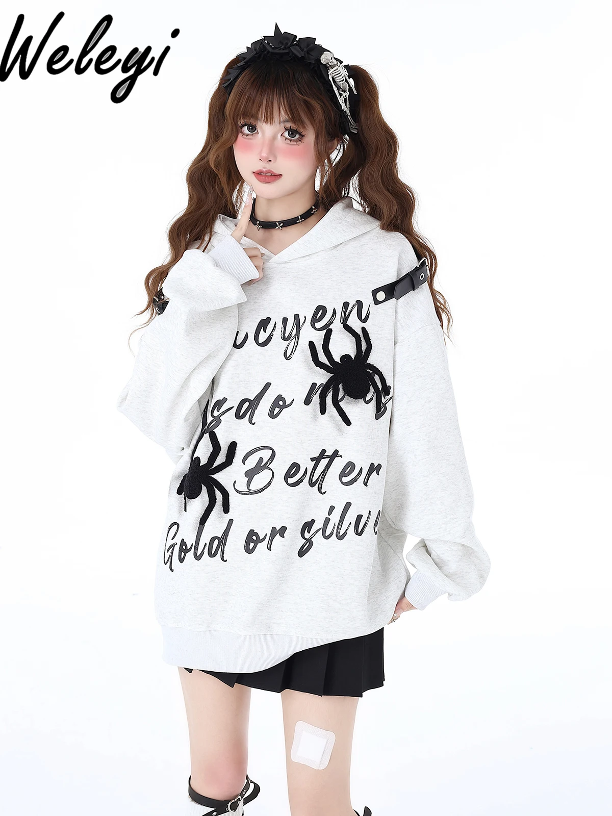 Gothic Woman Hoodies 2024 Spring and Summer Sweet Cool Street Graffiti Printing Leather Ring Hooded Long Sleeve Loose Sweatshirt men suit hooded sweatshirt sublimation printing bang graffiti hoodies and jogger pants set woman oversized tracksuit streetwear