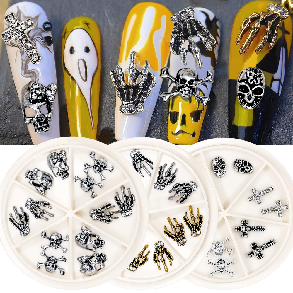 12 Pz/Scatola Vintage Halloween Nail Charms 3D Alloy Ghost Hand Skeleton Spider Skull Cross Nail Gems Strass Nails Accessori *