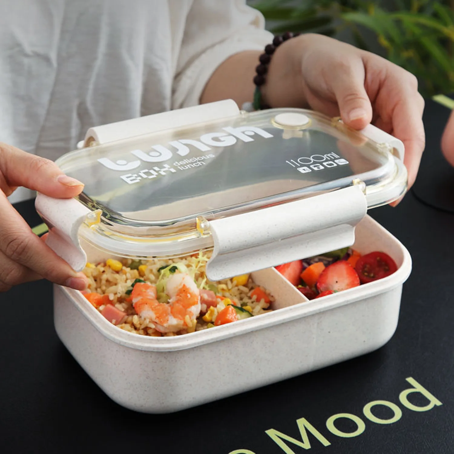1100ml Wheat Straw Lunch Box Student Lunch Box Sealed/Divided Box with Tableware Can be Microwave Heated lunch box portable food storage box