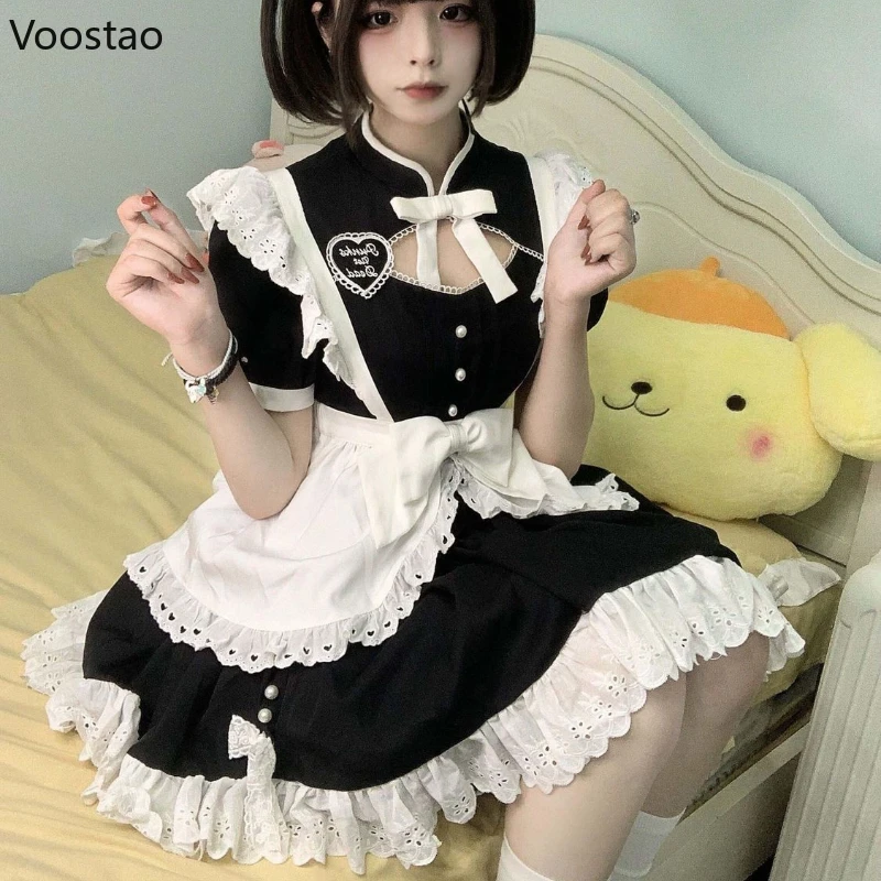 Lolita Dress Japanese Sweet Lolita Dress Women Gothic Kawaii Puff Sleeve Ruffles Cosplay Party Dresses Girls Cute Apron Maid Carnival Dress