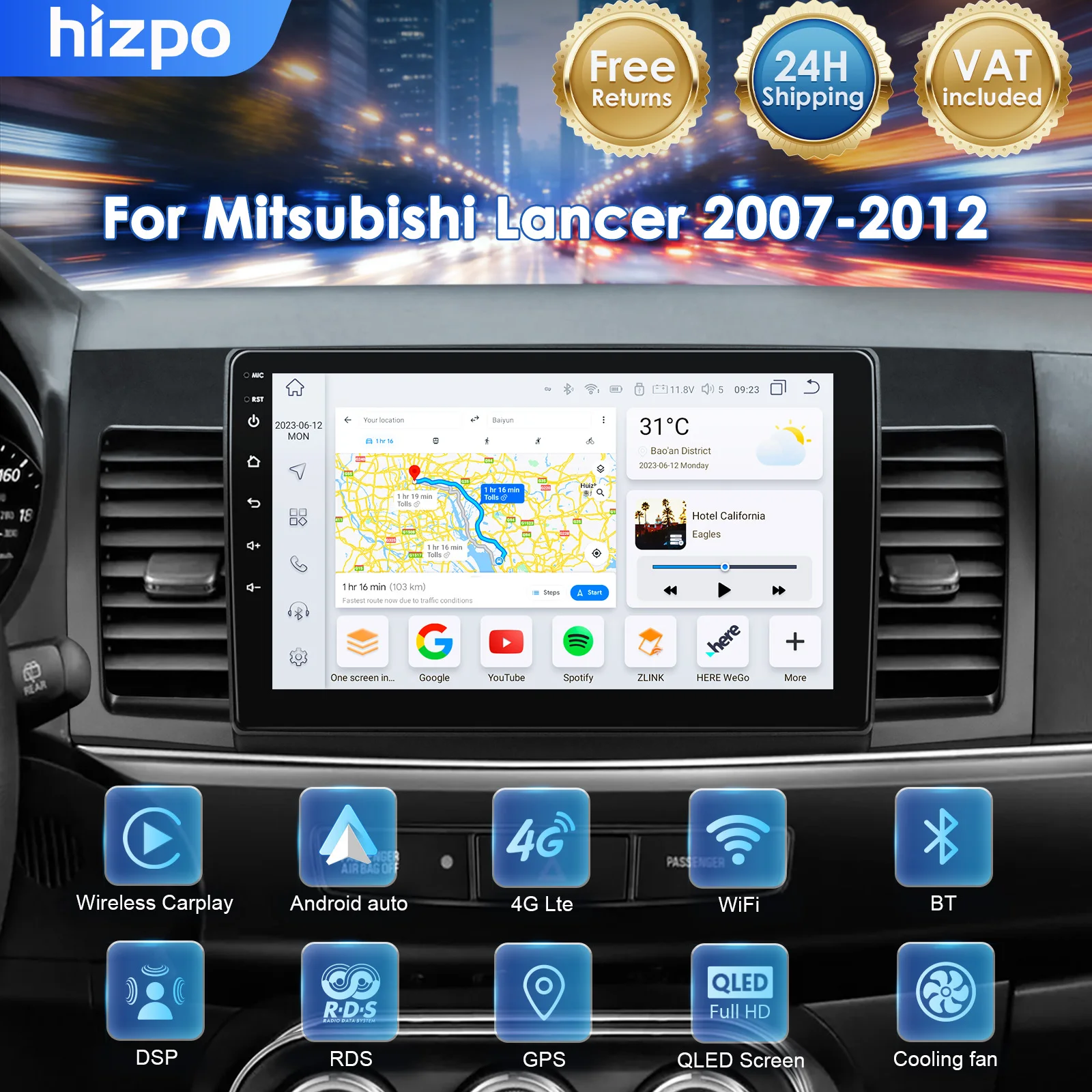 Hizpo para Mitsubishi Lancer 2007-2012, Radio de Auto con CarPlay Inalámbrico, Android Auto 2DIN, GPS, RDS, WiFi, BT, 4G, Multimedia Estéreo de 8 Núcleos 1