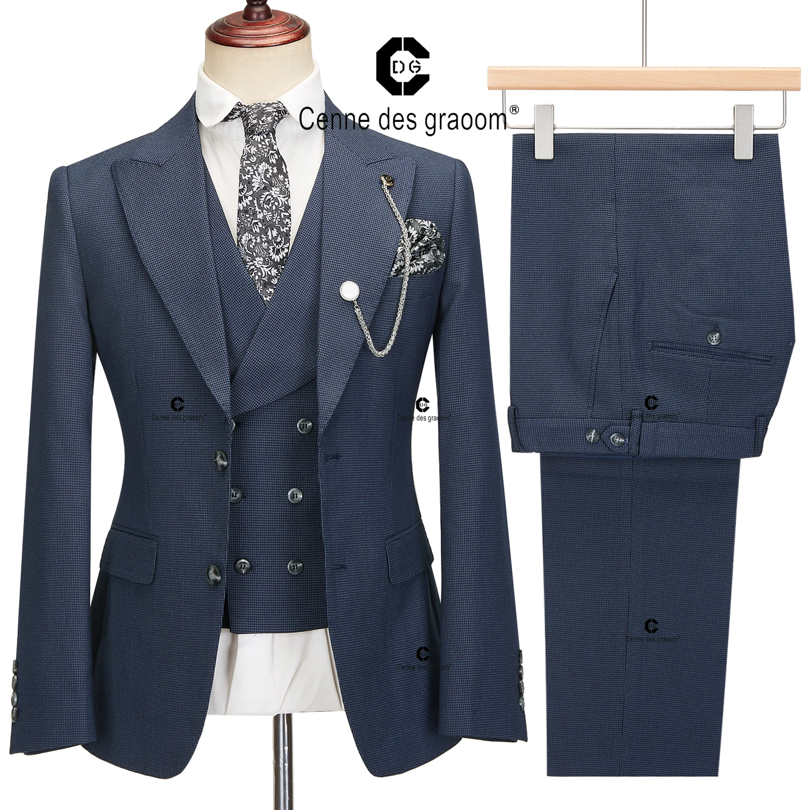 Cenne Des Graoom 2024 Elegant Men Suits Single-Breasted Plaid Two Button Blazer Waistcoat Pants 3 Piece Set Classic Fit Formal 4