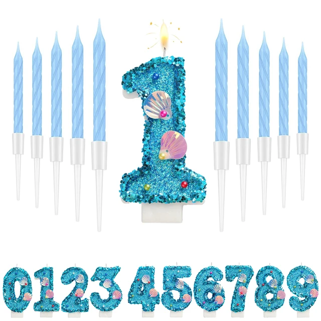 Blue Shell Sequin Number Candles 0-9 – Mermaid Theme Birthday Cake Decorations