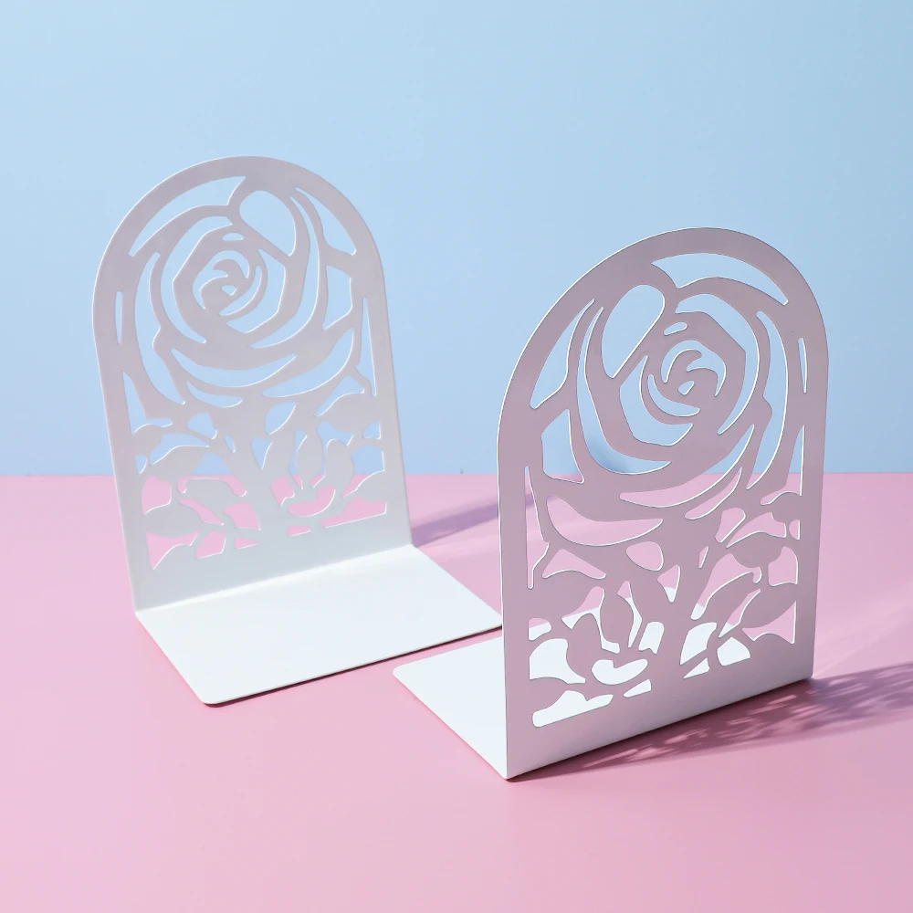 2Pcs White Metal Rose Hollow Carving Book Ends - Decorative Book Holders for Home Office Library，Book Supports for Organizing 4