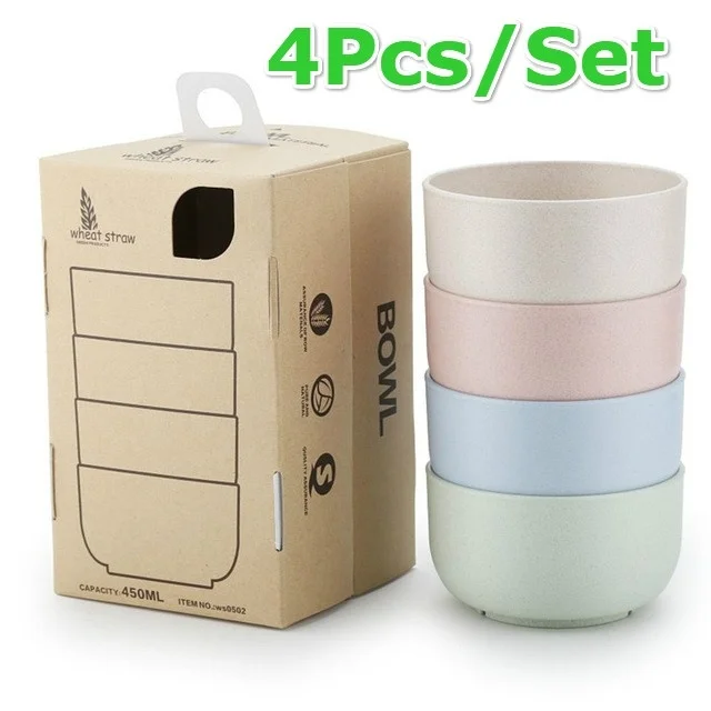 4 PCS/Set Wheat Straw Bowl Fruit Vegetable Dessert Rice Bowl Safe Household Tableware Kitchen Dining