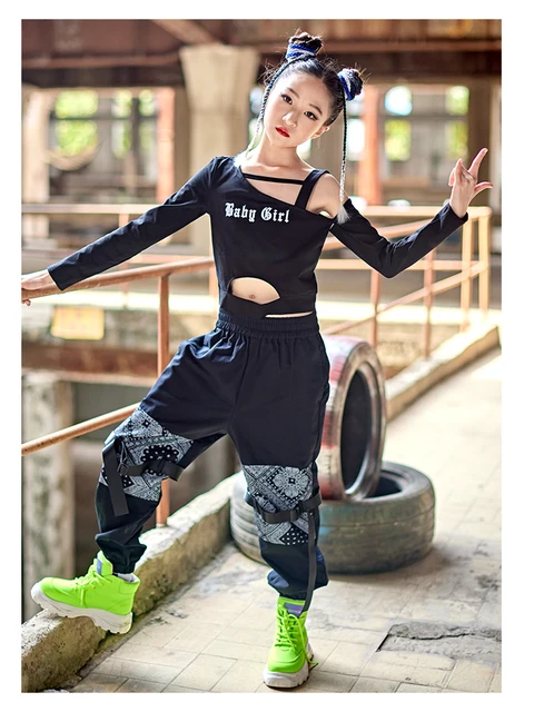 New Black Street Dance Outfit Girls Crop Tops Pants Fashion Jazz