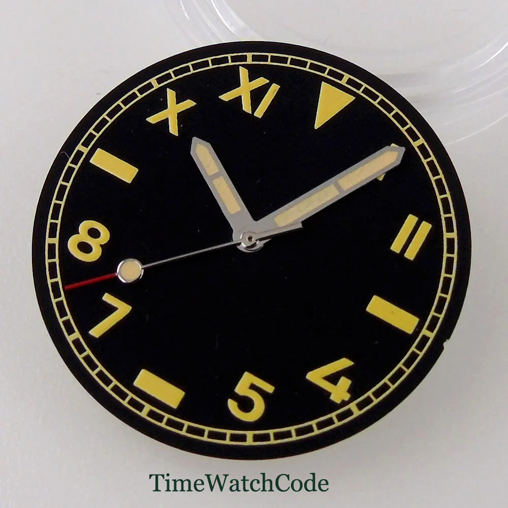 Classic 29mm Pilot Style Watch Dial Face with Arabic Numerals and Hands Set