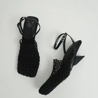 2024 Summer Luxury Designer Sandals Women's Lace Mesh Square Toe Shallow Narrow Strap Braided Slip-on High Heels Sandals - Image 2