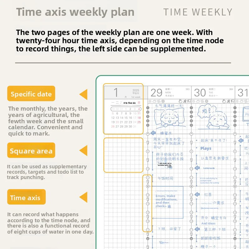 2026 Kinbor A5 Eight Grid Timeline Planner Notepads,52g BaChuan Paper Pure Colors Annual/Monthly/Daily Schedule Plan Book Gifts