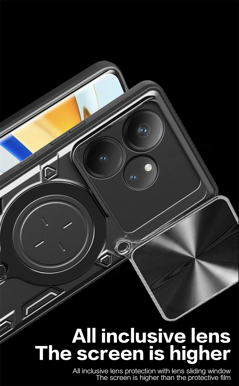 Enhanced Slide Lens Protect Phone Case with Armor Magnetic Holder and Ring Back Cover
