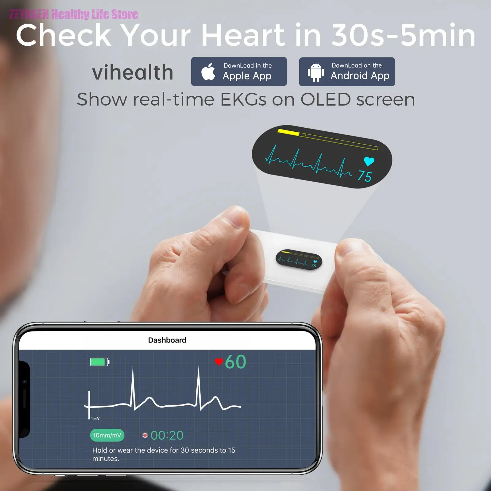 Zeyasen Holter Ecg Monitor Oled Bluetooth Ekg Cardiaco Heart Monitoring Wearable Electrocardiograma Unlimited Data Storage Share
