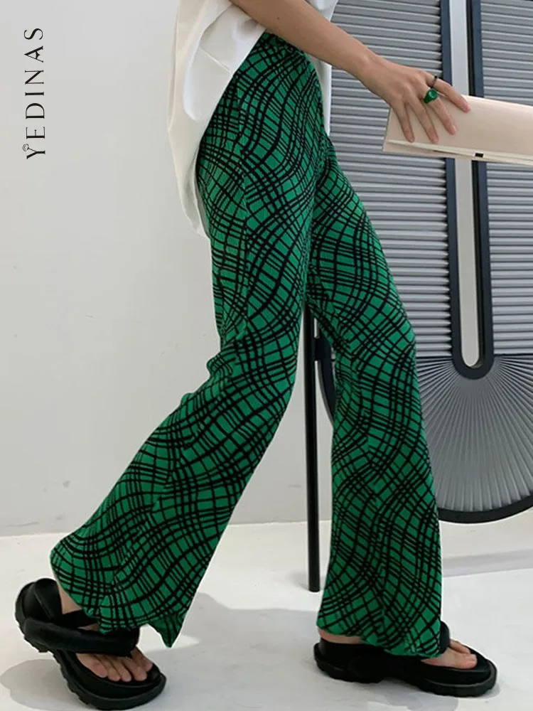 

Yedinas Streetwear Plaid Elastic Waist Straight Pants Women Green Cool Korean Style Pleated Trousers Femme Summer Autumn Design