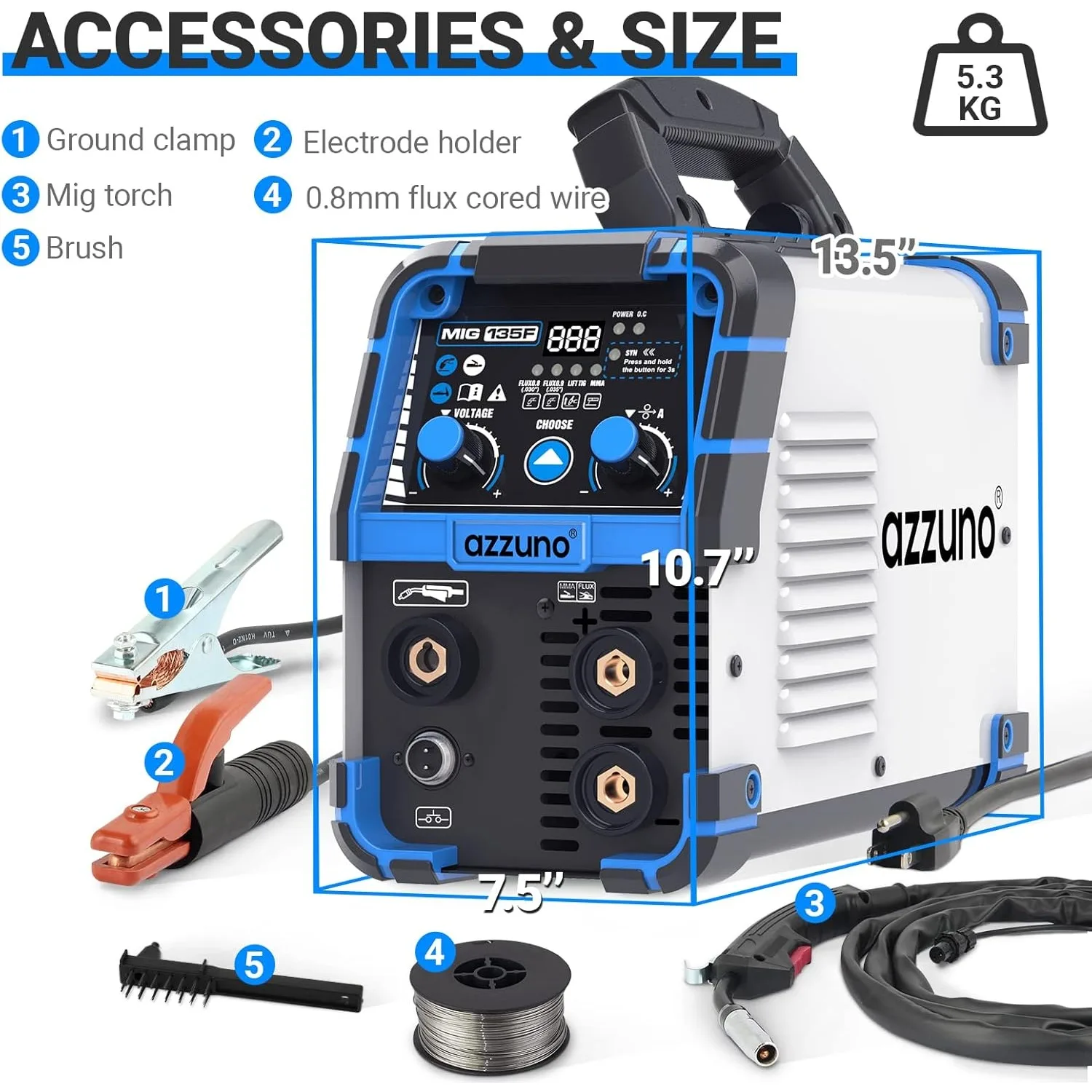 135 Amp MIG Welder, 3 in 1 Multiprocess Welder 110V Flux Core Welder Flux MIG/Lift TIG/Stick Welding Machine Synergic Control 6