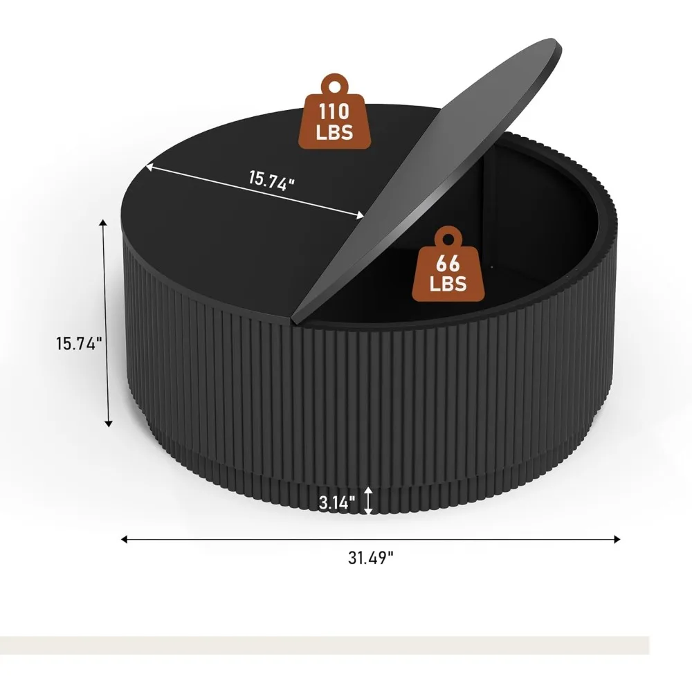 31.5" Round Coffee Table, Modern Fluted Accent with Metal Frame for Living Room or Office