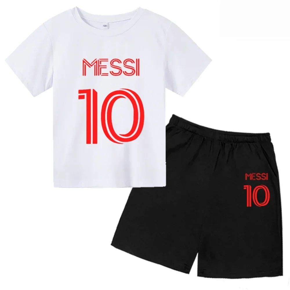 thumbnail image 1 of Nueva camiseta y pantalones cortos con estampado de Messi para niños y adolescentes, conjunto de 2 piezas, ropa de fútbol para niños y niñas, traje deportivo de moda de manga corta de verano, 1 of 5