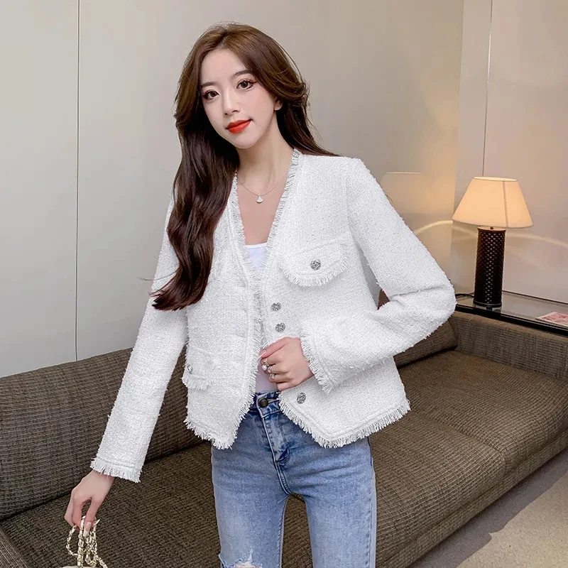 

Korean Fashion White Spring Autumn New Fragrant Coat Retro V-Neck Casual Women's Loose Ragged Tweed Jacket Pink White Blue