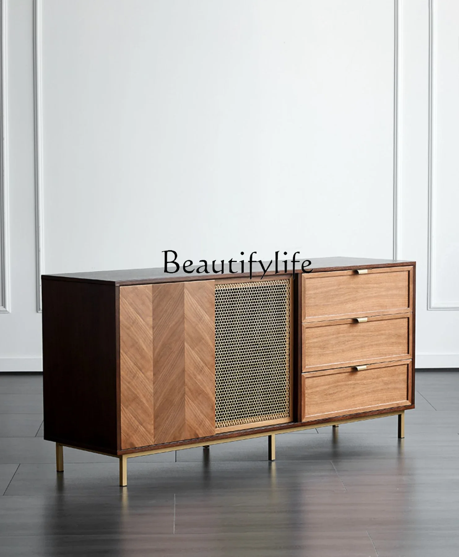 

Light Luxury Sideboard Retro Entrance Cabinet Modern Minimalist Locker Walnut Solid Wood Tea Cabinet