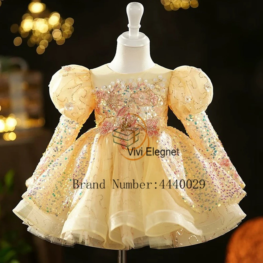 

Glod Full Sleeve Flower Girls Dresses for Kids 2024 Scoop Christmas Gowns with Sequined New Knee Length New فلور فتاة اللباس