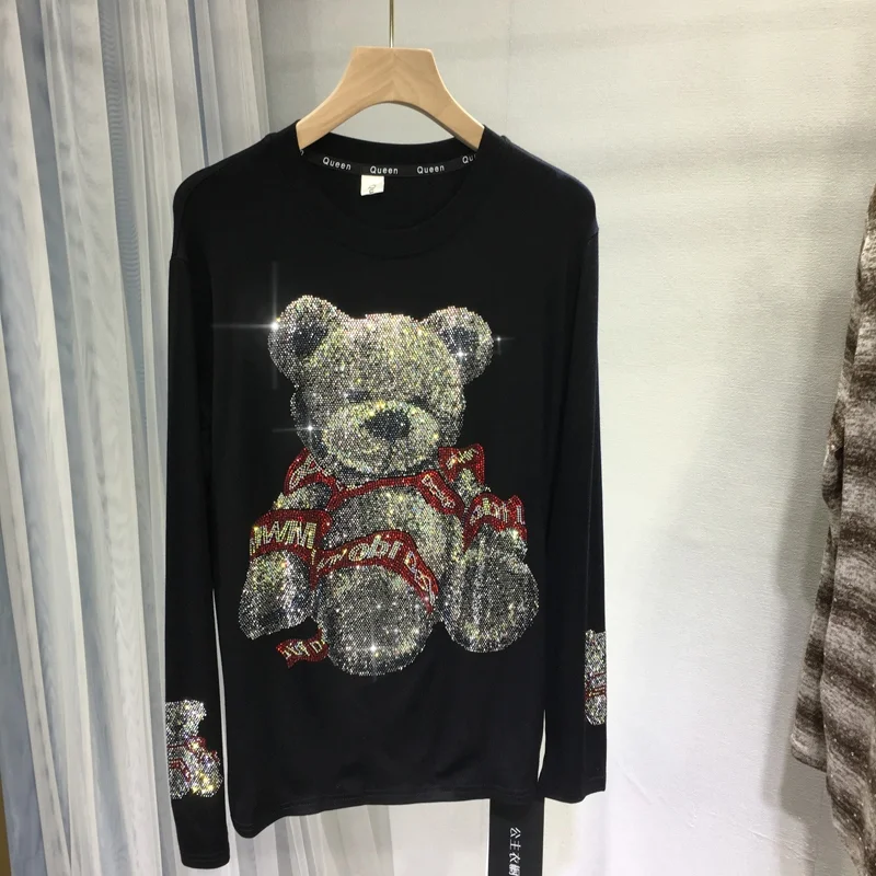 

Luxury Bear Hot Drilling Women Tshirts New Autumn Winter O-neck Pullover Basic Top Cute Age Reduction Long Sleeve Cotton T Shirt