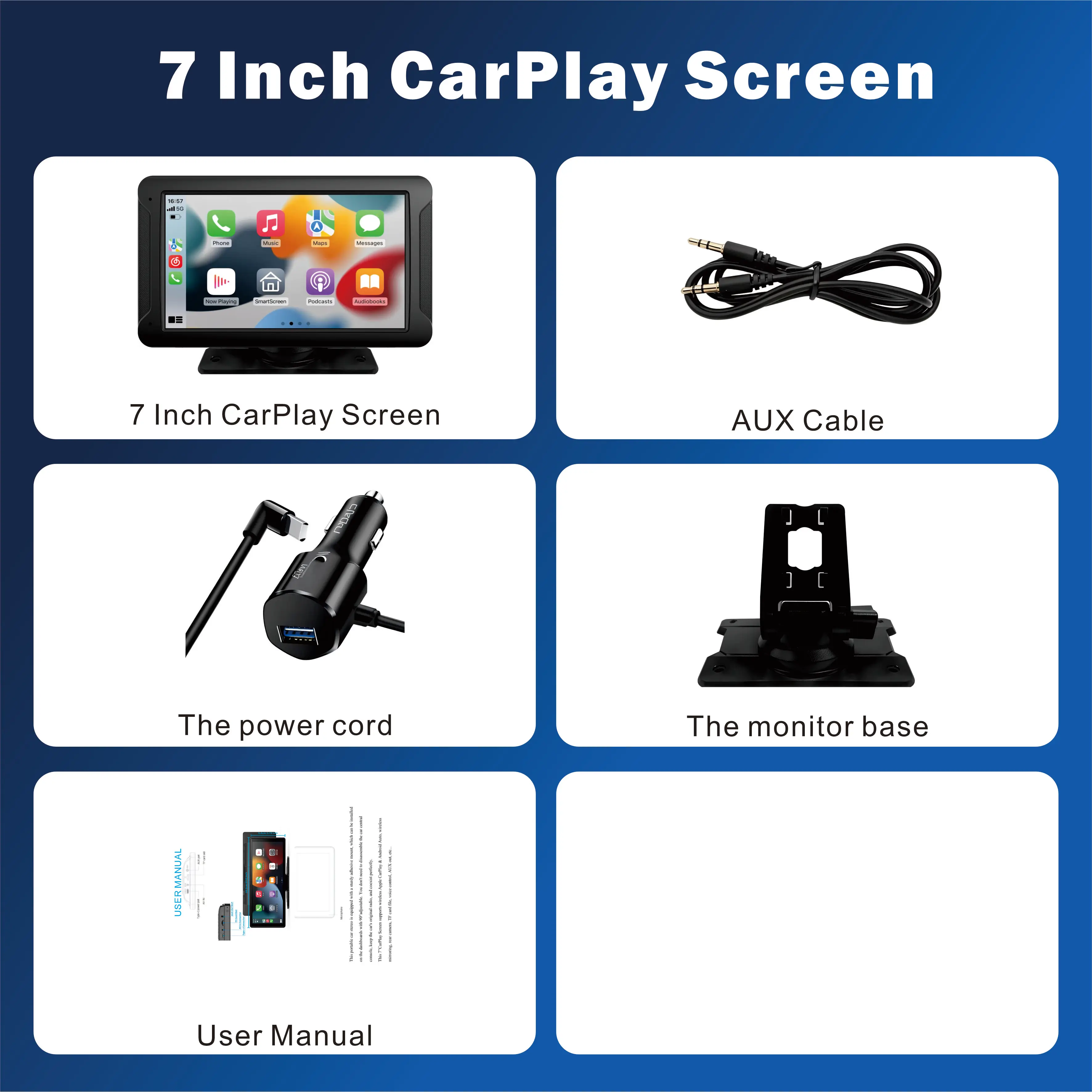 Pionrat Portable 7'' Wireless CarPlay Android Auto Screen Touchscreen w/ Bluetooth Navigation FM Voice Control Magnetic Mount 7