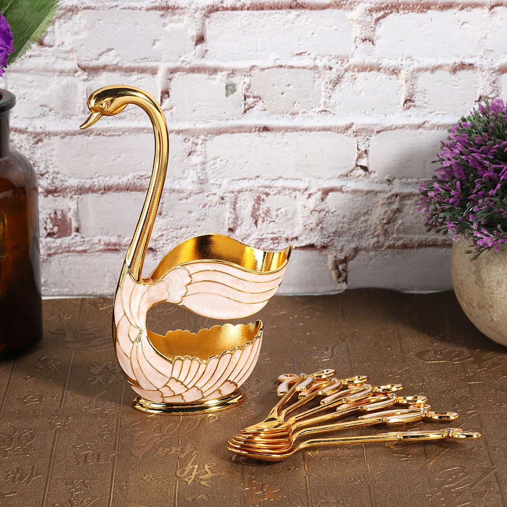 Coffee Dessert Spoon Set European Elegant Swan Fruit Scoop Holder Decorative Tableware Coffee Spoon Stand Kit Fruit Scoop