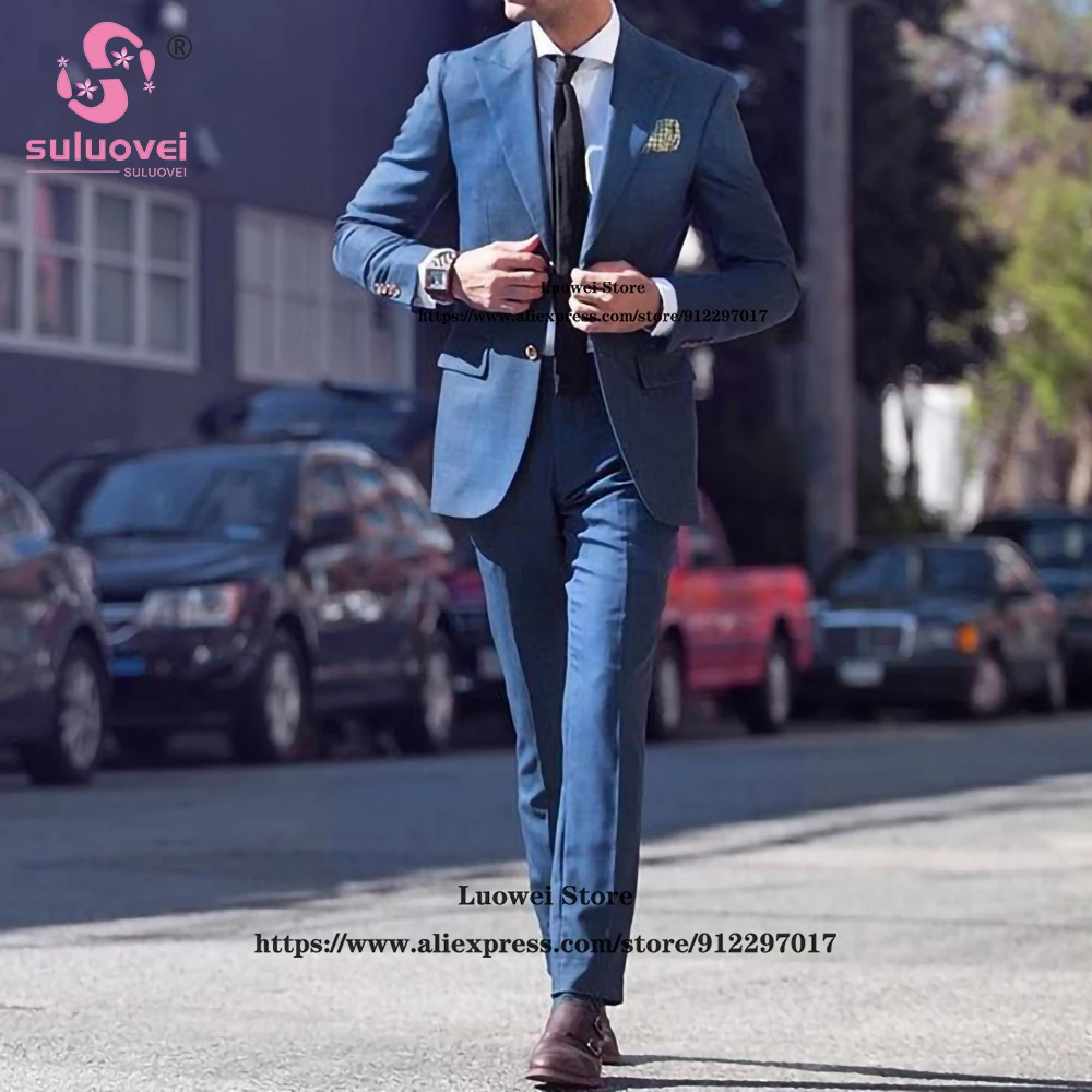 Fashion Business Suits For Men Slim Fit 2 Piece Jacket And Pants Set Male Office Blazer Formal Groom Wedding Peaked Lapel Tuxedo
