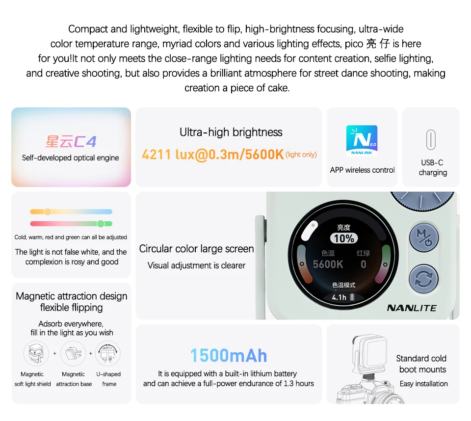 pico Full-color Magnetic LED Mini Pocket Light Portable RGBW Photography Fill Li